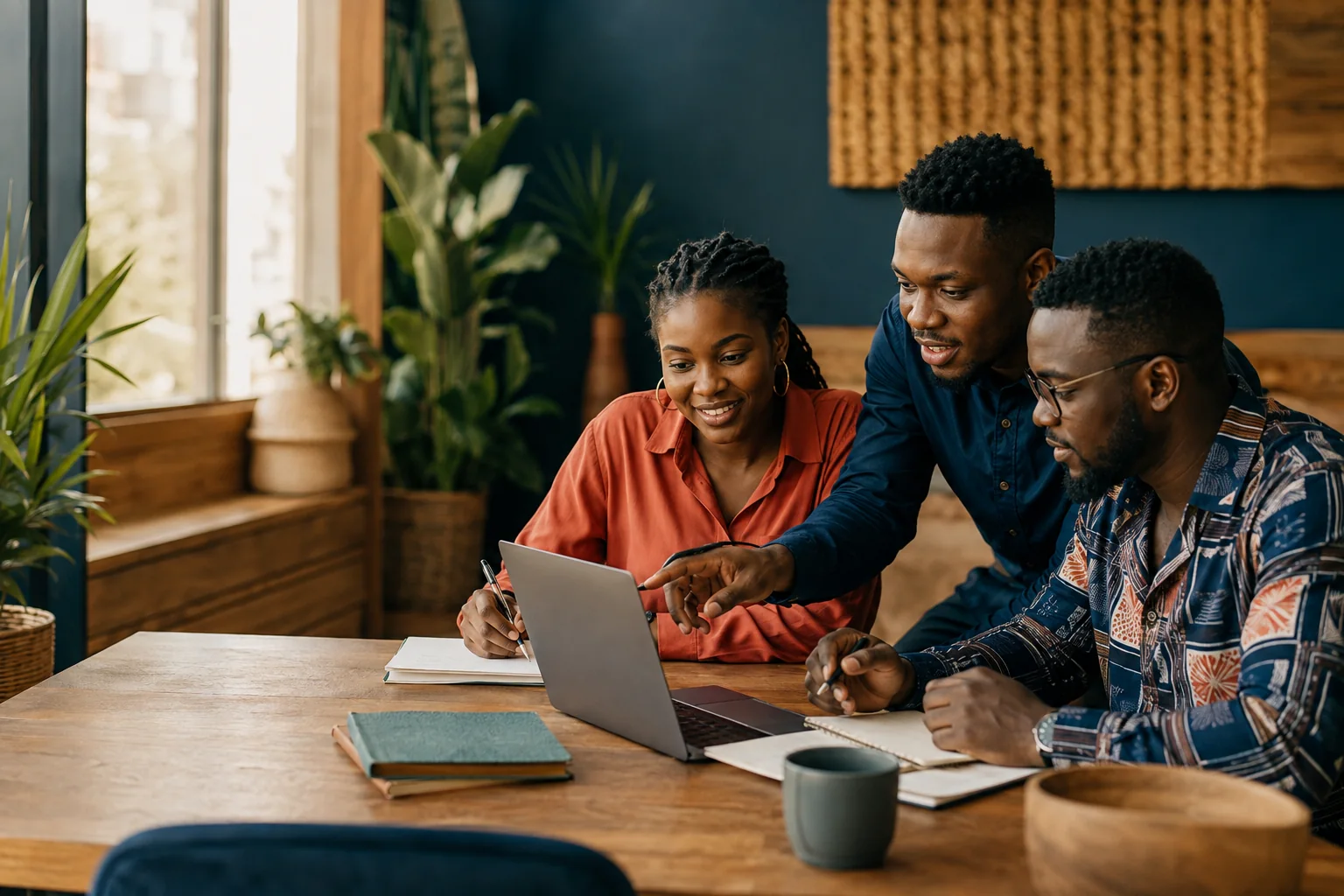 Apprenants africains construisant ensemble une idée autour d'un ordinateur